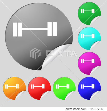 Dumbbell icon sign. Set of eight multi colored rou Dumbbell icon sign. Set of eight multi colored rou 45865163