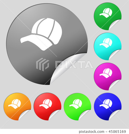Ball cap icon sign. Set of eight multi colored rou Ball cap icon sign. Set of eight multi colored rou 45865169