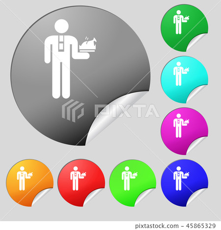 Waiter icon sign. Set of eight multi colored round 45865329