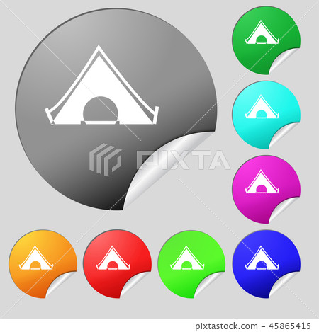 The tent icon sign. Set of eight multi colored rou The tent icon sign. Set of eight multi colored rou 45865415
