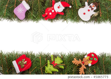 Christmas frame made of fir branches decorated with Snowman and Santa Claus isolated on white 45865773