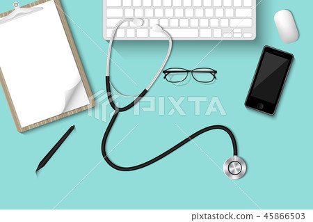 Doctors table desktop with personal equipment Doctors table desktop with personal equipment 45866503