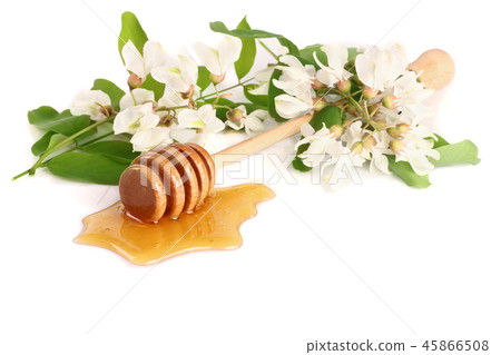 Honey stick with flowing honey and flowers of acacia isolated on white background 45866508