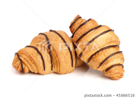croissant decorated with chocolate sauce isolated on white background, top view croissant decorated with chocolate sauce isolated on white background, top view 45866516
