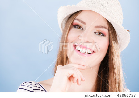 Happy cute tourist girl in straw hat. Happy cute tourist girl in straw hat. 45866758