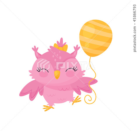 插圖素材: lovely pink owlet with balloon, cute bird cartoon