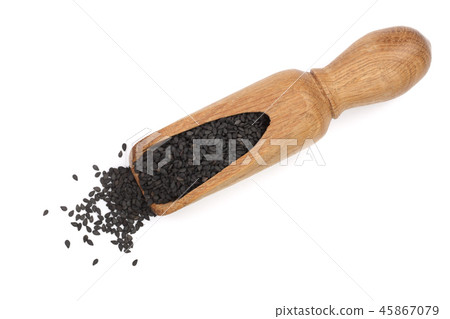 Black sesame seeds in a wooden scoop isolated on white background top view Black sesame seeds in a wooden scoop isolated on white background top view 45867079