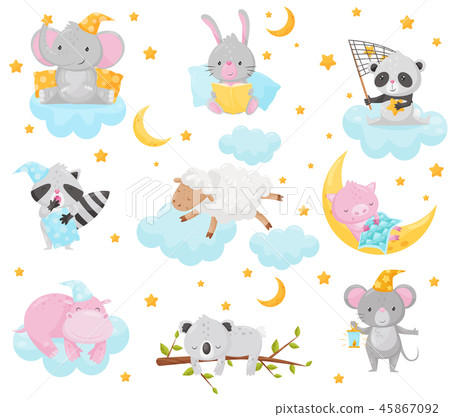 Cute little animals sleeping under a starry sky set, lovely elephant, bunny, panda, raccoon, sheep Cute little animals sleeping under a starry sky set, lovely elephant, bunny, panda, raccoon, sheep 45867092