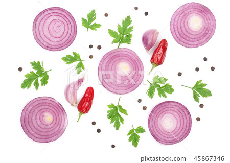 onion, garlic, hot pepper parsley and dill isolated on white background. Top view. Flat lay pattern 45867346
