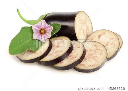 sliced eggplant or aubergine vegetable with flower isolated on white background 45868520