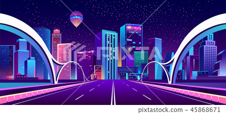 Vector Background With Night City In Neon Lights Stock Illustration