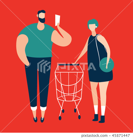 Man checking shopping list and women carrying shopping trolley at supermarket. 45871447