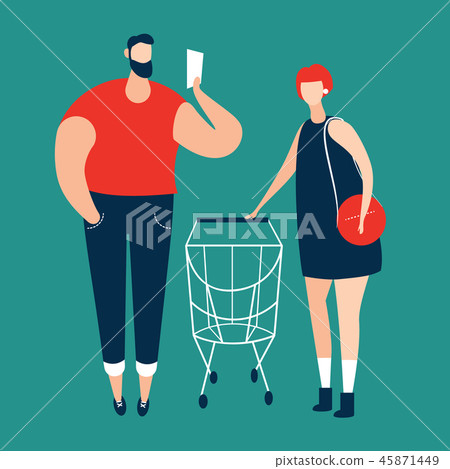 Man checking shopping list and women carrying shopping trolley at supermarket. 45871449