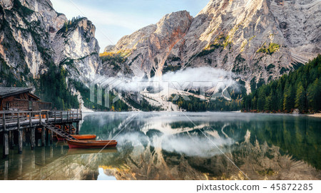 Panoramic view of Braies Lake in Dolomites, Italy 45872285