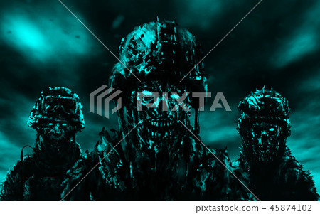 Three soldiers zombies in helmets stand Three soldiers zombies in helmets stand 45874102