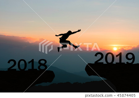 Happy New Year 2019 Men jump over silhouette Happy New Year 2019 Men jump over silhouette 45874405