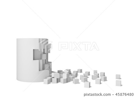 3d rendering of a solid cylinder shaped block getting destroyed with perfectly shaped square pieces 3d rendering of a solid cylinder shaped block getting destroyed with perfectly shaped square pieces 45876480