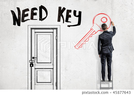A man in suit standing on a ladder to the right of a locked door with the title 'Need Key' above and 45877643