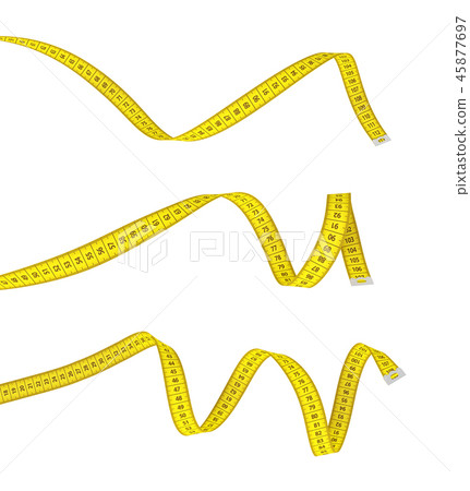 3d rendering of three yellow measuring tapes lying curled on a white background. 3d rendering of three yellow measuring tapes lying curled on a white background. 45877697