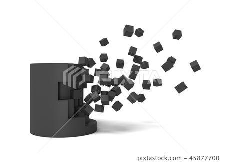 3d rendering of a solid black cylinder getting destroyed with pieces lying nearby. 3d rendering of a solid black cylinder getting destroyed with pieces lying nearby. 45877700