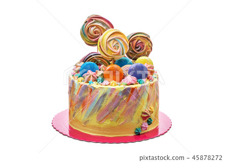 Colorful delicious cake with marshmallows and candies. 45878272