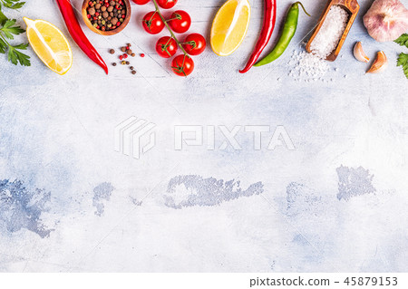 Food background with vegetables, spices,  herbs. 45879153