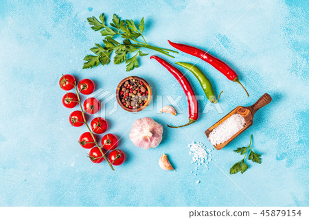 Food background with vegetables, spices,  herbs. 45879154