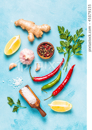 Food background with vegetables, spices,  herbs. 45879155