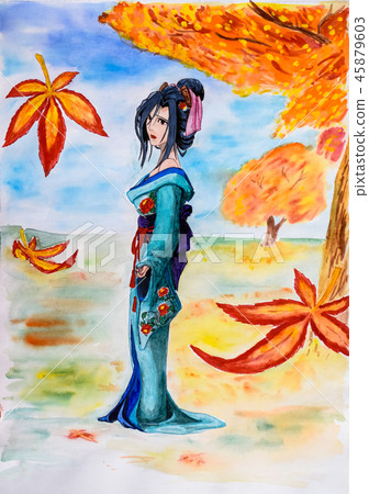 A girl in a Japanese traditional dress walks through the autumn park. A girl in a Japanese traditional dress walks through the autumn park. 45879603