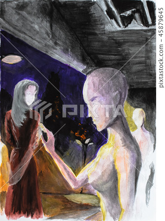 Naked girl mannequin with big breasts standing on the podium. people walk past and look at the 45879645