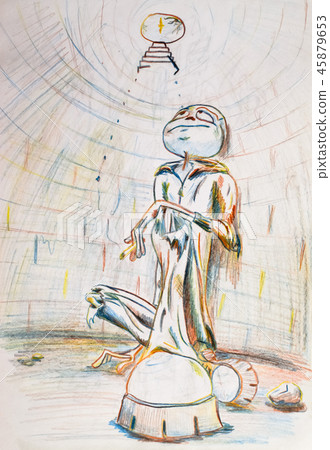Umorik in the well sits and thinks how to get out. Color pencil drawing. Umorik in the well sits and thinks how to get out. Color pencil drawing. 45879653