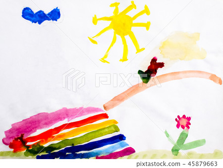 Childrens drawing in watercolor, the bridge over the river, the sun and a flower. Landscape in the Childrens drawing in watercolor, the bridge over the river, the sun and a flower. Landscape in the 45879663