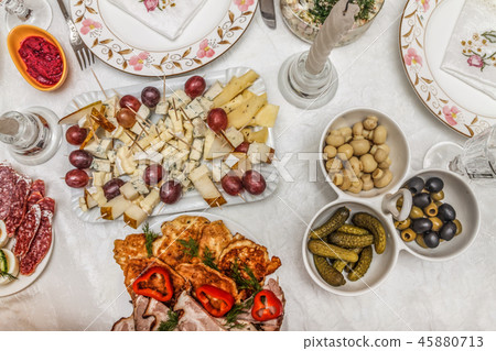 salad with shrimp on a festive table. Top view 45880713