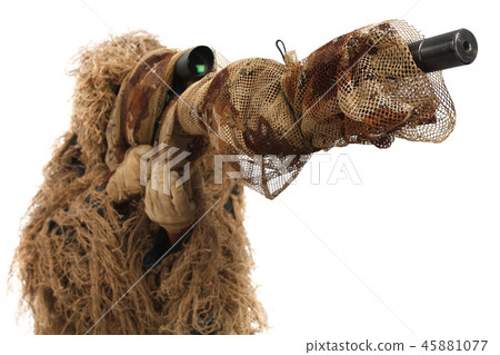 sniper in ghillie suit isolated on white 45881077