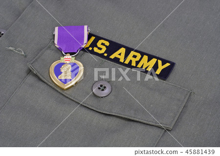 Purple Heart award on US ARMY olive green uniform 45881439