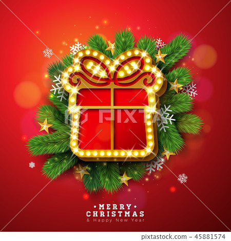Merry Christmas and Happy New Year Illustration with Light Sign Board and Pine Branch on Red 45881574