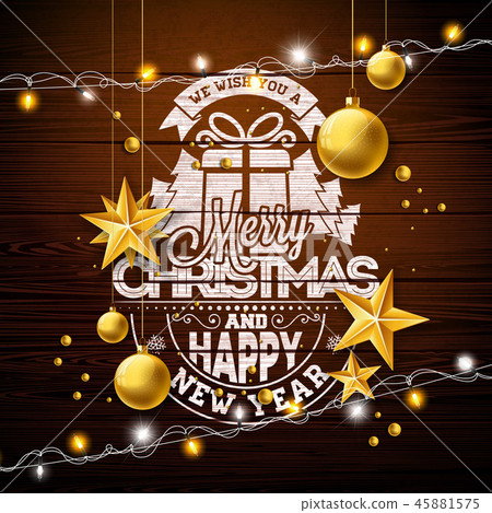 Merry Christmas Illustration with Gold Glass Ball, Lights Garland and Typography Elements on Vintage 45881575