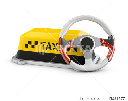 3d Illustration of steering wheel and Shield taxi isolated white background 45881577