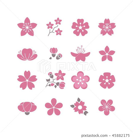 Cherry pink flower, spring sakura blossom vector icon set 45882175