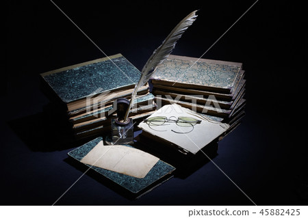old books, papers, ink pen and inkpot old books, papers, ink pen and inkpot 45882425