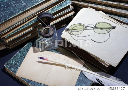 old books, papers, ink pen and inkpot old books, papers, ink pen and inkpot 45882427