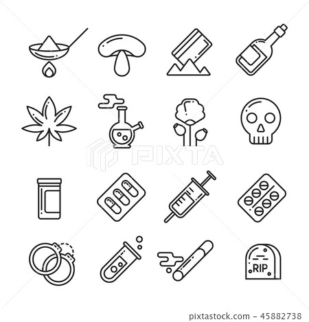 Drugs, heroin, alcohol, smoking addiction thin line vector icons 45882738