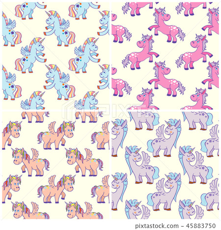 Vector hand drawn unicorns seamless patterns set Vector hand drawn unicorns seamless patterns set 45883750