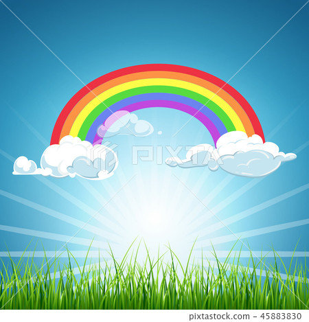 Vector rainbow clouds blue sky and grass 45883830