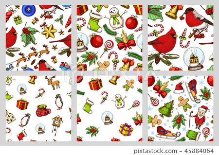 Set of Merry Christmas and New Year seamless pattern, xmas elements with animals and Santa Claus 45884064