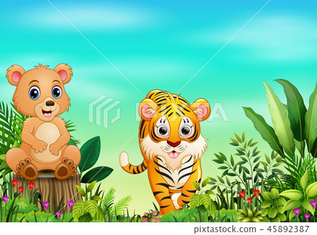 Nature scene with a bear sitting on tree stump - Stock Illustration ...