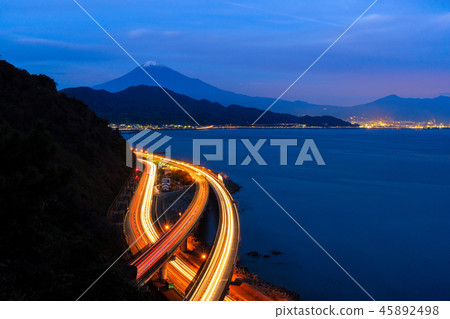 Aerial view of Mountain Fuji with express way, roads at night in Aerial view of Mountain Fuji with express way, roads at night in 45892498