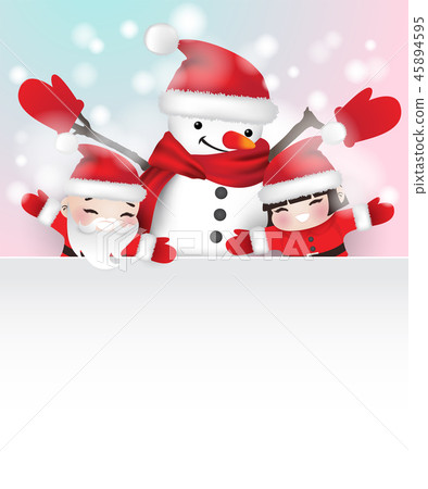 snowman and two children behind white frame 45894595