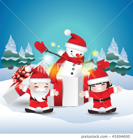 children happy with snowman in gift box children happy with snowman in gift box 45894600