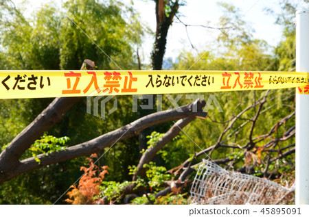 “禁止進入”路障膠帶纏繞在危險的地方 “禁止進入”路障膠帶纏繞在危險的地方 45895091